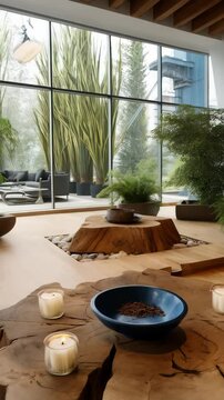 Modern hotel lobby featuring wooden tables, ferns, candles, bowl, trees, and large windows illuminating the inviting contemporary space.