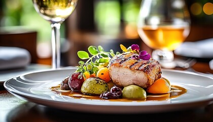 A plate of roasted meat with vegetables and two glasses of wine in the background.