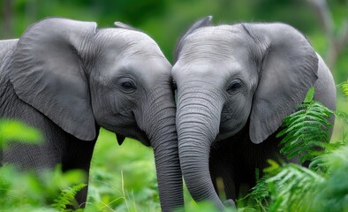 Obraz premium Two elephants in the green grass of a national park. Two Asian elephants are kissing with their trunks close together and facing each other