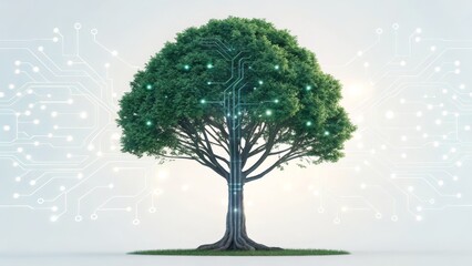 A digital tree with circuit-like branches symbolizes technology and nature integration on a light background.