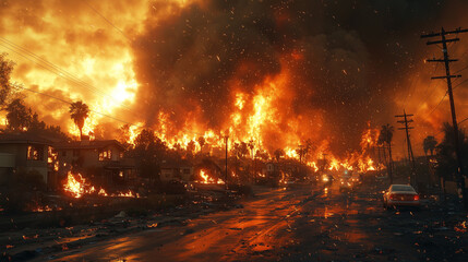 Fototapeta premium Wildfire engulfs neighborhood as flames spread rapidly during the night