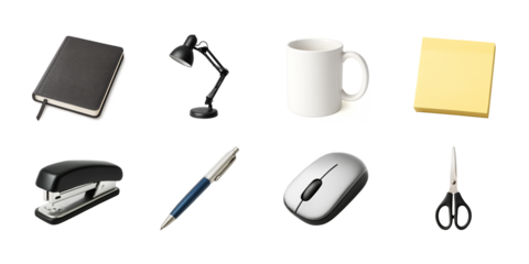 Office accessories set including notebook, lamp, mug, sticky notes, stapler, pen, mouse, and scissors in clean isolated collage on white background. Ai generative