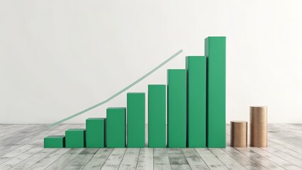 A green bar graph with a rising trend line and stacks of coins on a wooden floor symbolizes financial growth and success.