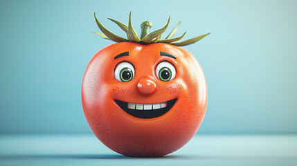 Happy cartoon tomato character with a big smile and green eyes