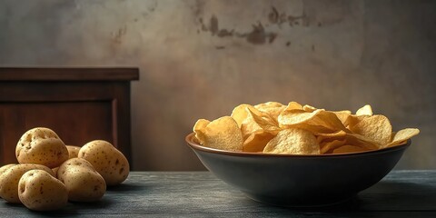 A bowl of potato chips on dark wood with raw potatoes and a rustic backdrop.