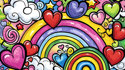Colorful Rainbow Pattern With Hearts And Clouds