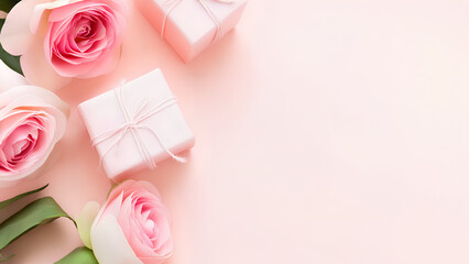 Contemporary Trendy Flat Lay of Mother’s Day Gifts and Flowers in soft pastel tones — ideal for seasonal marketing, ads, and web design