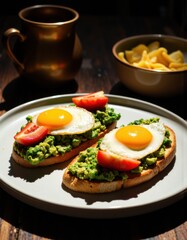 Delicious avocado toast topped with fried eggs and fresh tomatoes