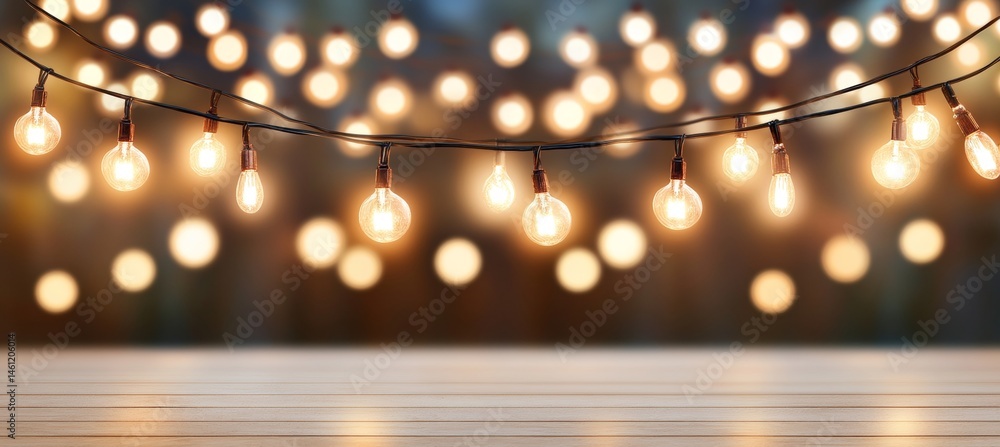 Poster rustic outdoor celebration string lights with abstract bokeh for festive background design