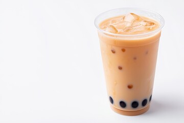 A trendy transparent cup of bubble milk tea showcasing its vibrant colors in a glass setting.