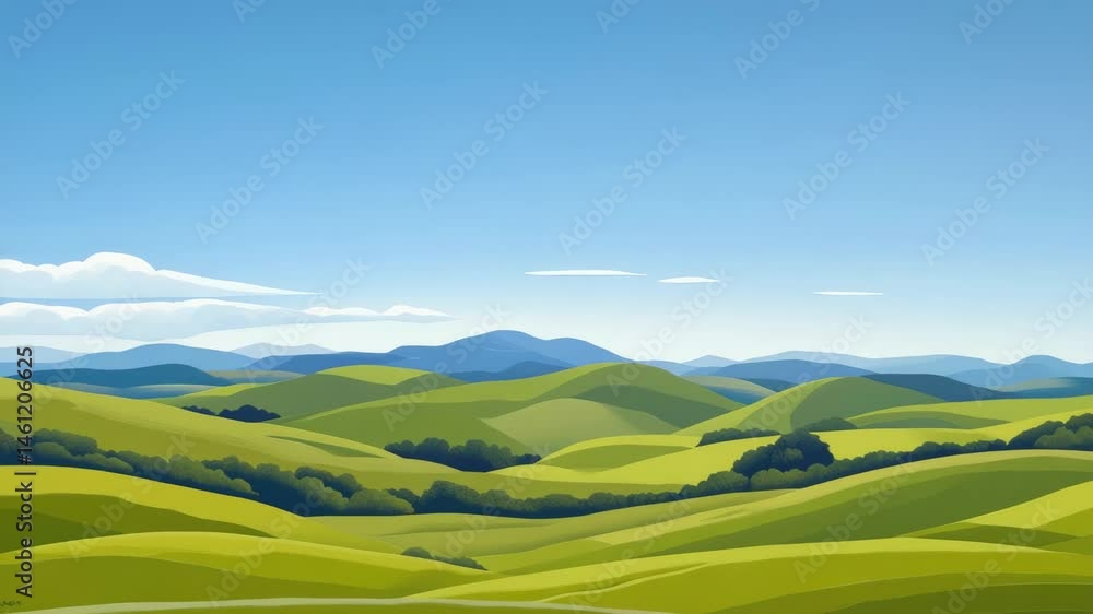 Poster minimalist landscape showing green rolling hills stretching out under a blue sky with some fluffy wh