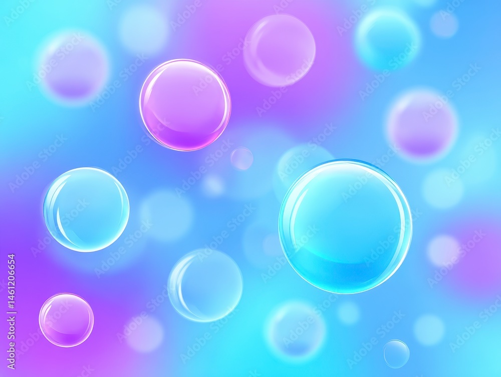 Poster abstract bubbles floating in a gradient purple to blue hues background soft focus design element
