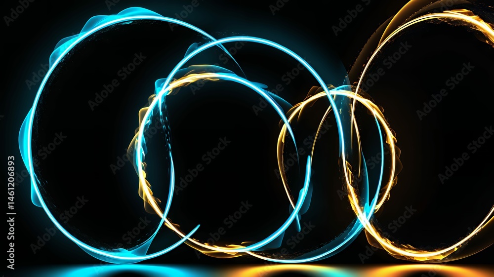 Poster abstract glowing rings and light trails in motion on dark gradient background, perfect for dynamic a