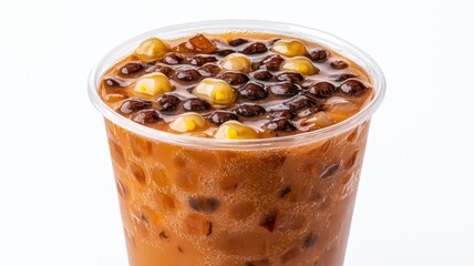 Close-up of isolated bubble milk tea with tapioca, showcasing its texture and colors in a high-resolution image.