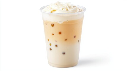 A realistic iced bubble milk tea with tapioca, isolated on a white background, ideal for beverage-related content.