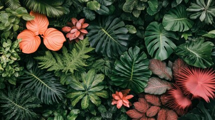 Obraz premium Captivating display of tropical foliage showcasing an array of lush green leaves paired with bright red and orange plants in a vibrant arrangement