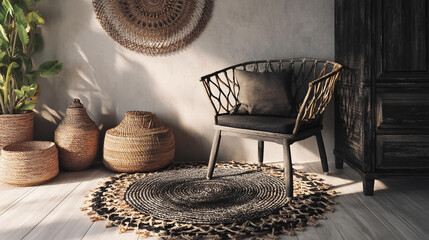 Fototapeta premium Stylish interior featuring a black chair and handwoven decor in a cozy living space