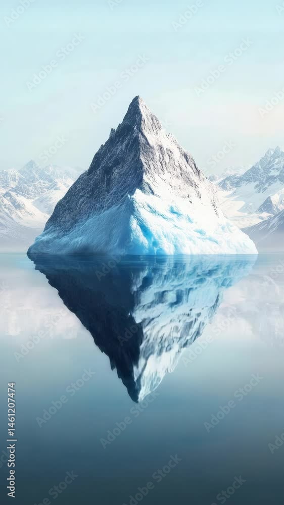 Poster huge iceberg with the shape of a mountain is perfectly reflected on the surface of a calm body of wa