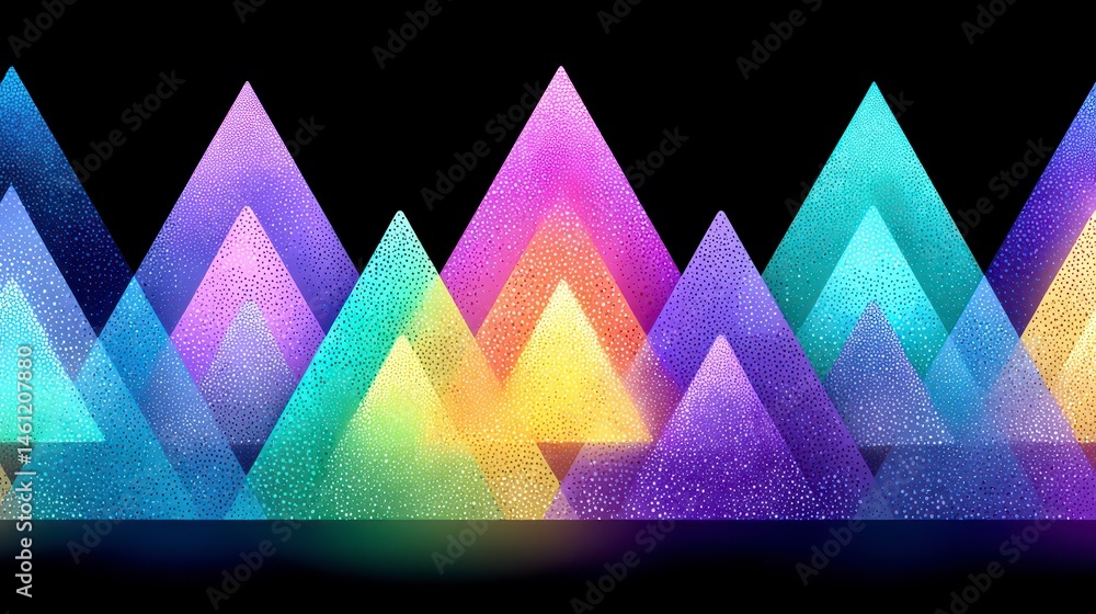 Poster abstract geometric mountains with gradient hues in a triangular design against a black backdrop.