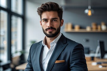 Fototapeta premium Trendy Portrait of Well-Dressed Young Entrepreneur with Stylish Beard in Modern Studio Environment