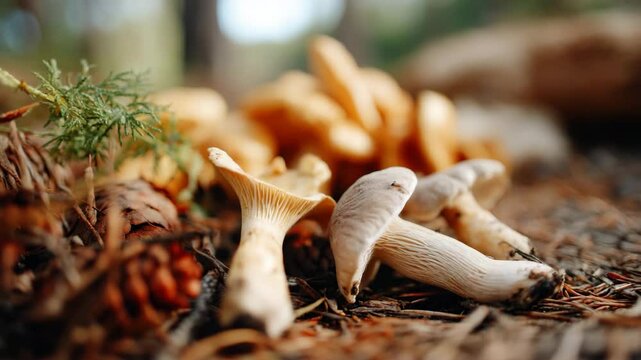 A rich earthy scene showcasing an array of mushrooms nestled among pine needles in a forest setting, evoking a sense of tranquility and connection to nature's beauty.