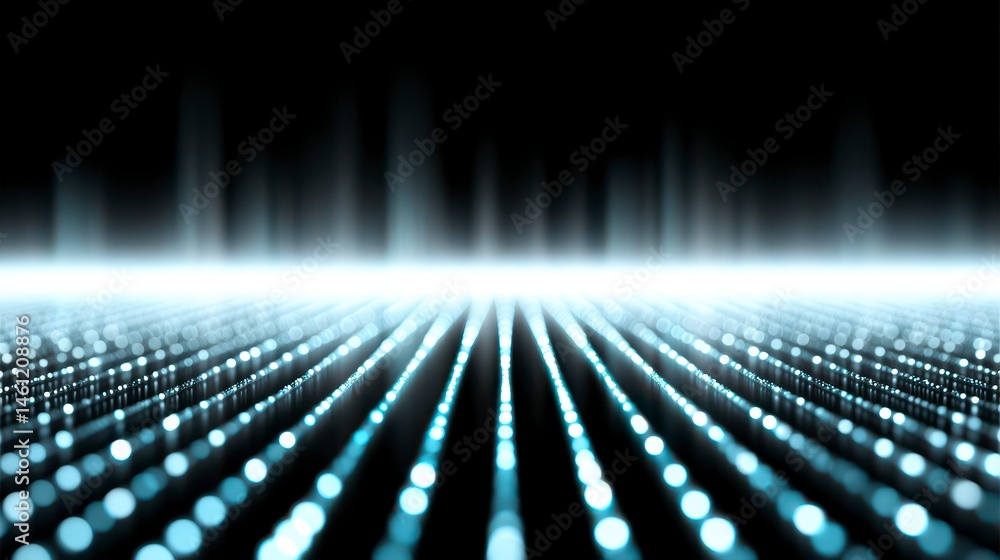 Poster abstract horizon of lights on a digital grid creating cyberpunk aesthetic design scenery.