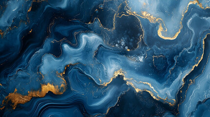 Abstract depiction of swirling, deep blue and gold patterns.