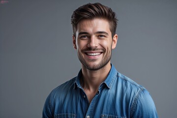 Obraz premium Charming Young Businessman in Casual Denim Shirt Smiling Against Neutral Gray Backdrop