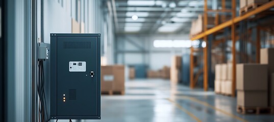 A compact transformer unit on the left, blurry warehouse with cables and boxes, right area empty for text 