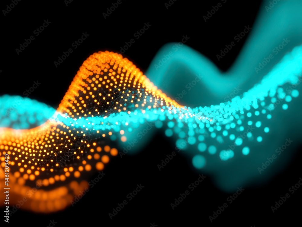 Poster abstract light waves data flow representation in teal and orange on black backdrop artistic design.