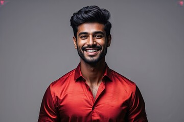 Obraz premium Cheerful Young Indian Man Wearing Elegant Red Shirt Smiling Against Grey Background