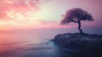 Misty, serene landscape featuring a solitary tree on a cliff overlooking the ocean at dawn.