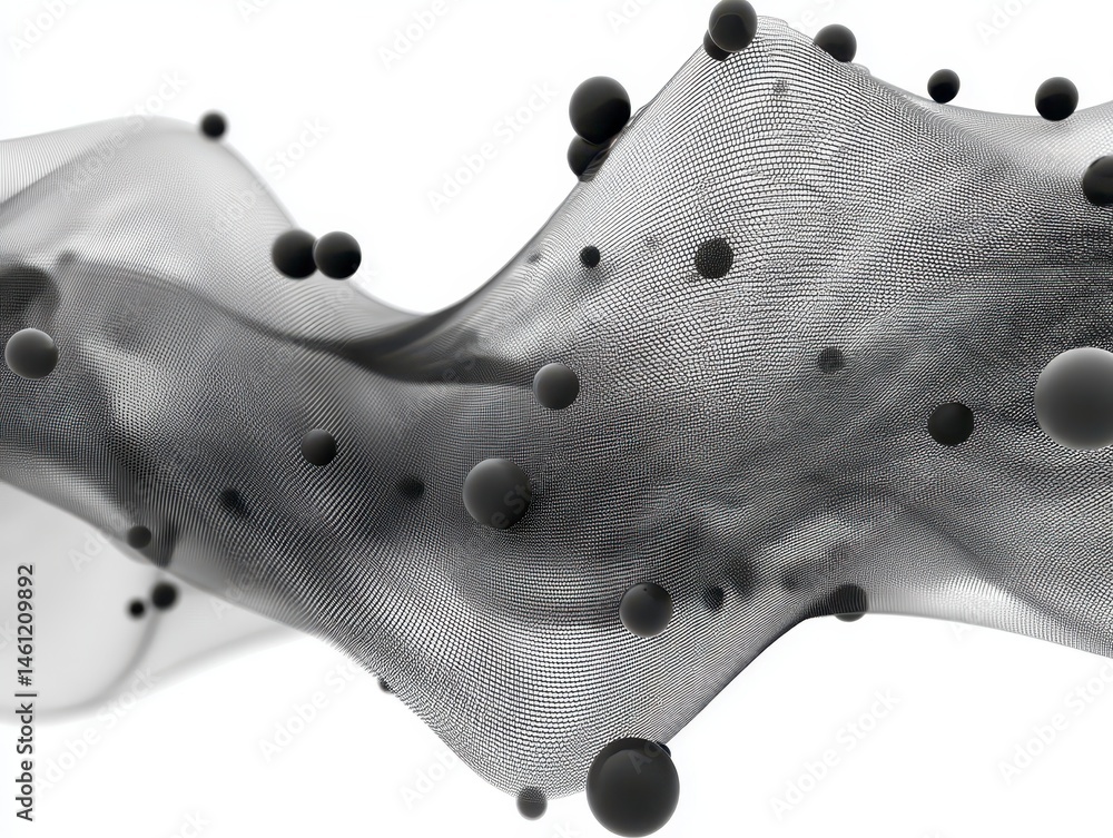Poster abstract net wave with spheres floating in a modern artistic arrangement digital art.