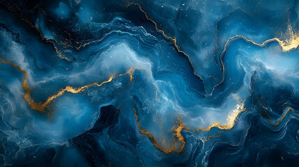 Abstract design of flowing deep blue and gold textures.