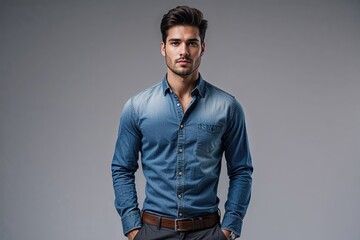 Obraz premium Confident Young Businessman in Casual Denim Shirt Showcasing Style Against Gray Background