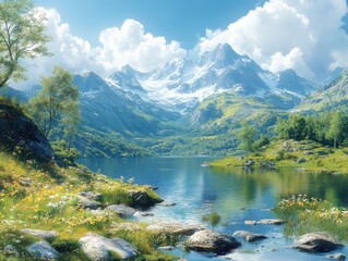Serene lake scene with flowers, mountains, and blue sky with puffy clouds