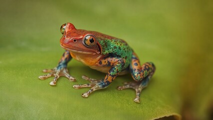 Obraz premium A vibrant, multicolored frog sits on a lush green leaf in a detailed close-up shot showcasing its intricate patterns and texture.
