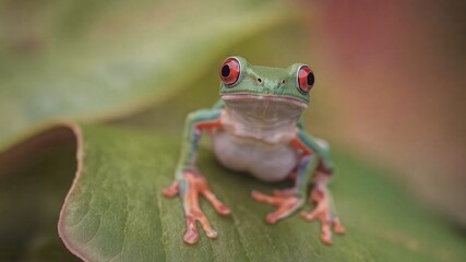 Fototapeta premium A vibrant red-eyed tree frog perches on a large green leaf in a lush rainforest environment.