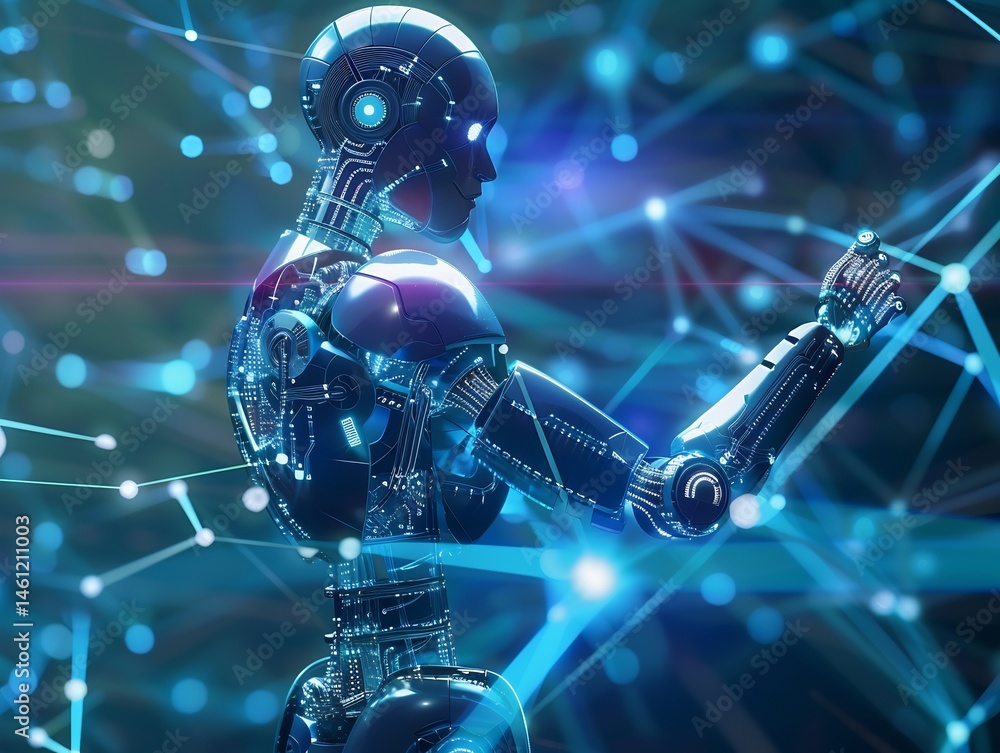 Poster futuristic rendering of a humanoid robot interacting with digital network