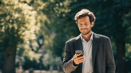 A businessman Dressed in a casual style, Staring at his smartphone and smiling, Park background.