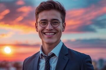 Joyful Young Consultant Beaming Against a Colorful Sunset Backdrop