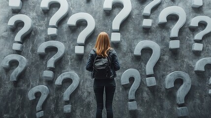 A person standing before a massive wall of question marks, representing business growth challenges
