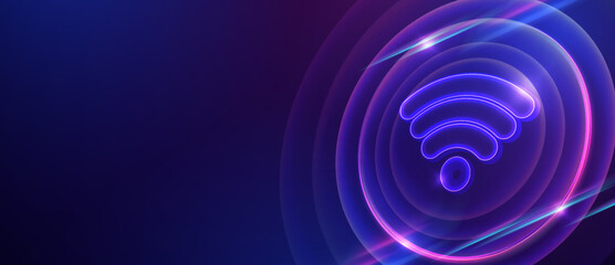 Glowing neon Wi-Fi signal icon with digital light rings