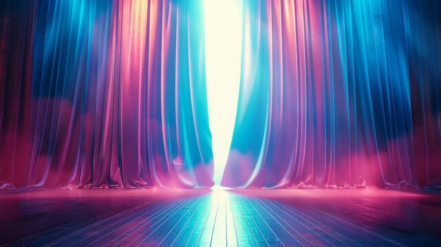 Enchanting Curtains: A mesmerizing display of draped curtains, bathed in vibrant hues of pink and blue, creating a theatrical and captivating atmosphere, enhanced by a radiant.