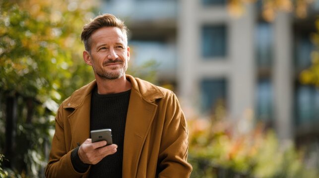 A businessman Dressed in a casual style, Staring at his smartphone and smiling, Park background. - Powered by Adobe