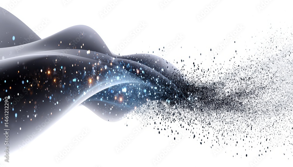 Poster abstract swirl of dark matter with sparkles and particles against a white background smoothly dissol