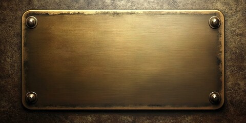 Brass rectangular plaque with corner fittings on aged brown textured surface.