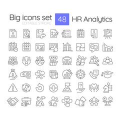 Fototapeta na wymiar HR analysis line icons set. Workforces productivity research. Company staff hiring strategy. Employee data. Isolated vector outline illustrations. Thin lineart iconset symbols. Editable stroke