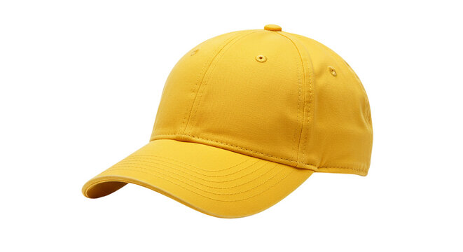 A close up shot of a yellow baseball cap isolated on a black background in a studio setting