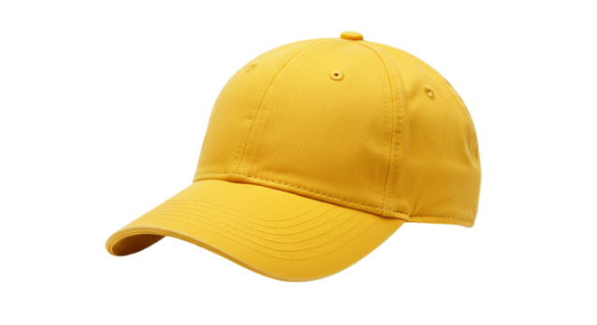 A close up shot of a yellow baseball cap isolated on a black background in a studio setting